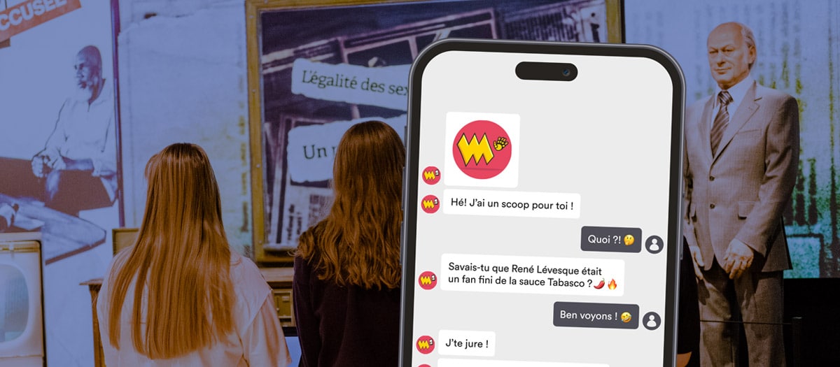 Téléphone présentant le chatbot de l'exposition René et Lévesque