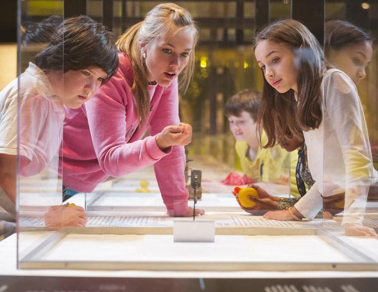 Enfants en visite scolaire avec une éducatrice qui leur pointe un objet en vitrine.