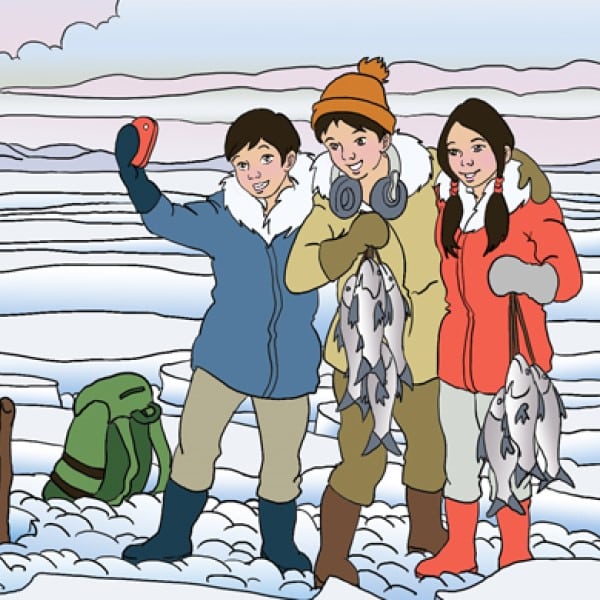 Dessin de trois jeunes Inuit se prenant en autoportrait