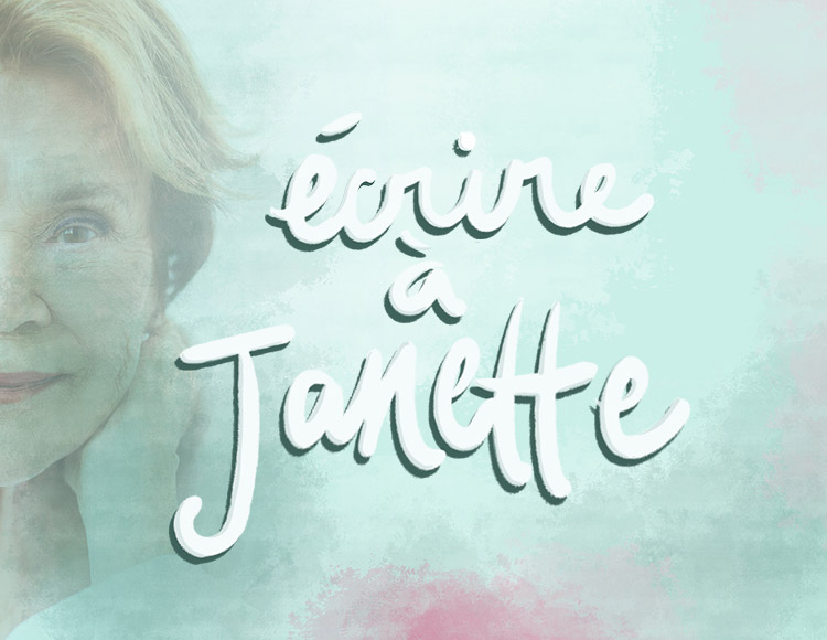 Photo délavée du visage de Janette Bertrand avec le titre écrire à Janette en lettres blanches