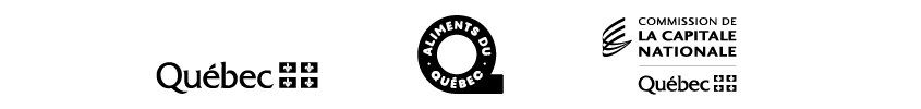 Logos des partenaires de l'exposition le Québec, autrement dit : Le Gouvernement du Québec, Aliments du Québec et La Commission de la capitale nationale